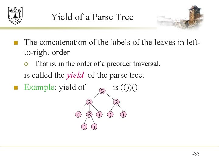 Yield of a Parse Tree n The concatenation of the labels of the leaves