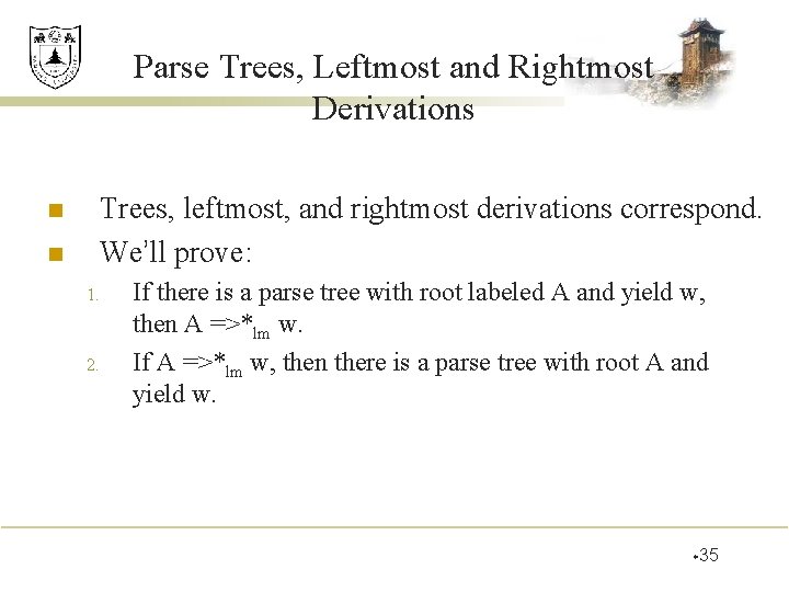 Parse Trees, Leftmost and Rightmost Derivations n n Trees, leftmost, and rightmost derivations correspond.