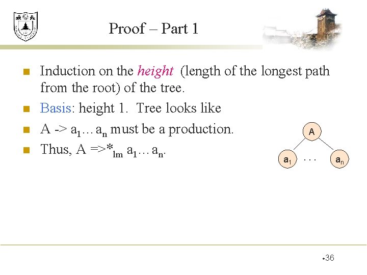Proof – Part 1 n n Induction on the height (length of the longest