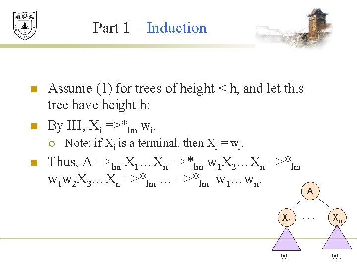 Part 1 – Induction n n Assume (1) for trees of height < h,