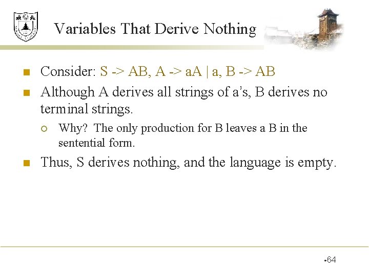 Variables That Derive Nothing n n Consider: S -> AB, A -> a. A