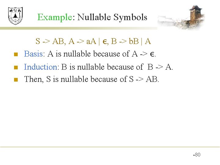 Example: Nullable Symbols n n n S -> AB, A -> a. A |