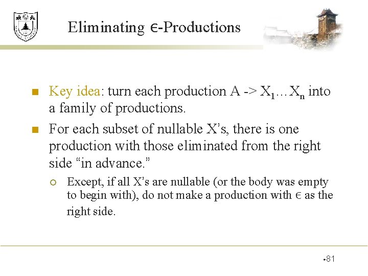 Eliminating ε-Productions n n Key idea: turn each production A -> X 1…Xn into