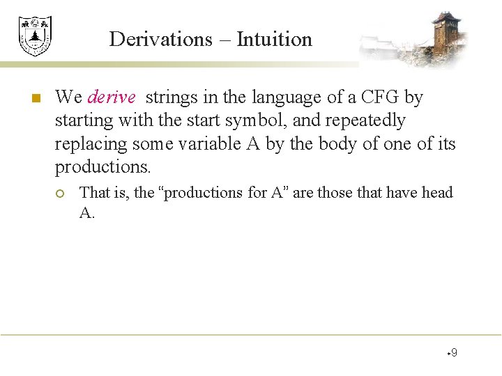 Derivations – Intuition n We derive strings in the language of a CFG by