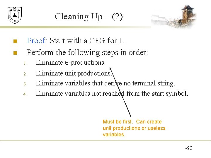 Cleaning Up – (2) n n Proof: Start with a CFG for L. Perform