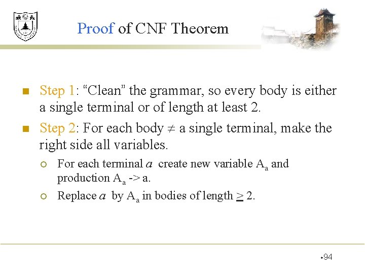 Proof of CNF Theorem n n Step 1: “Clean” the grammar, so every body