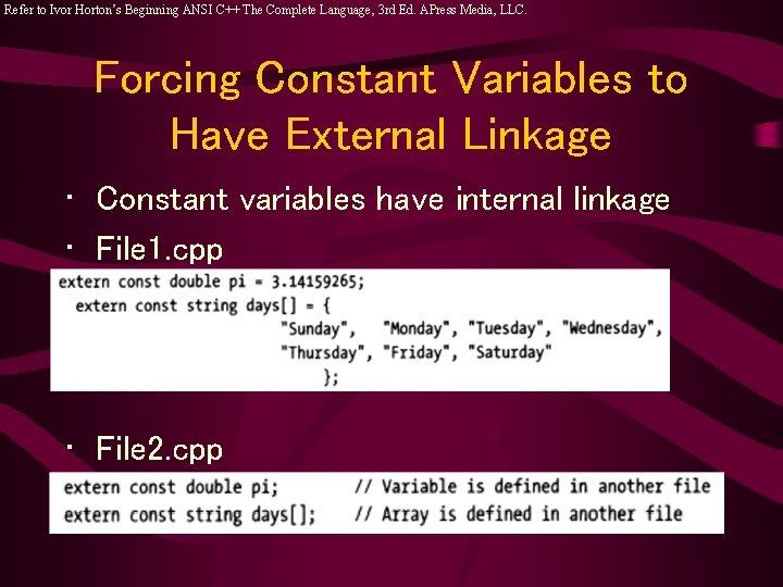 Refer to Ivor Horton’s Beginning ANSI C++ The Complete Language, 3 rd Ed. APress Refer to Ivor Horton’s Beginning ANSI C++ The Complete Language, 3 rd Ed. APress