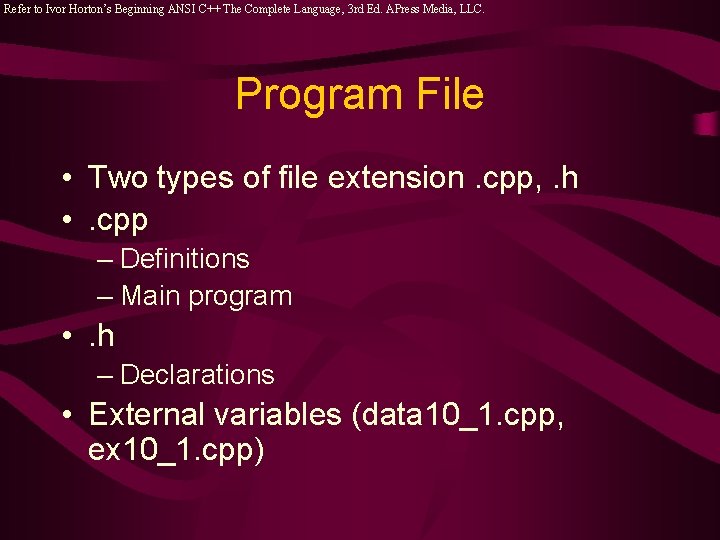 Refer to Ivor Horton’s Beginning ANSI C++ The Complete Language, 3 rd Ed. APress Refer to Ivor Horton’s Beginning ANSI C++ The Complete Language, 3 rd Ed. APress