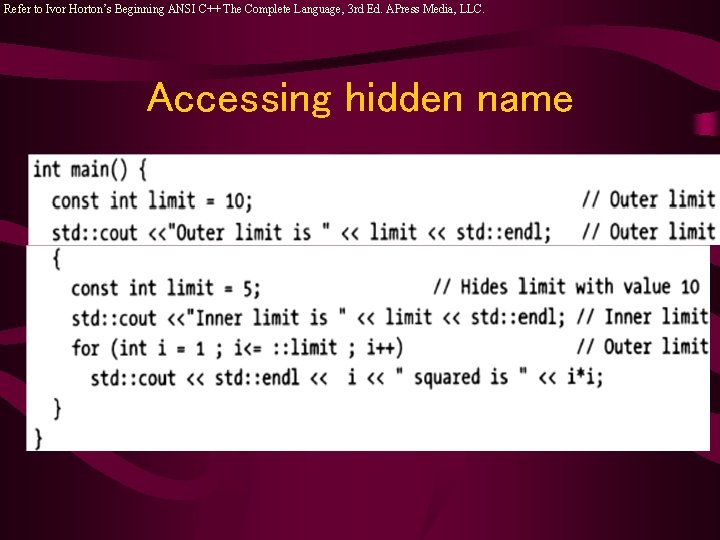 Refer to Ivor Horton’s Beginning ANSI C++ The Complete Language, 3 rd Ed. APress Refer to Ivor Horton’s Beginning ANSI C++ The Complete Language, 3 rd Ed. APress