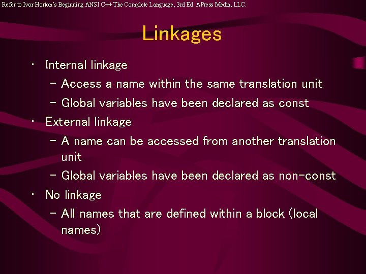 Refer to Ivor Horton’s Beginning ANSI C++ The Complete Language, 3 rd Ed. APress Refer to Ivor Horton’s Beginning ANSI C++ The Complete Language, 3 rd Ed. APress