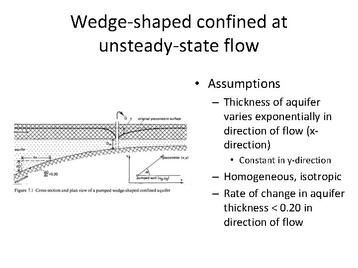 Wedge-shaped confined at unsteady-state flow • Assumptions – Thickness of aquifer varies exponentially in