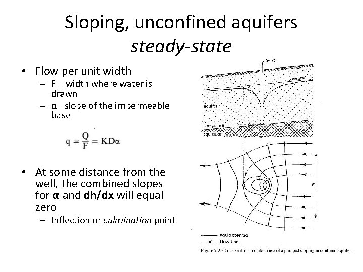 Sloping, unconfined aquifers steady-state • Flow per unit width – F = width where