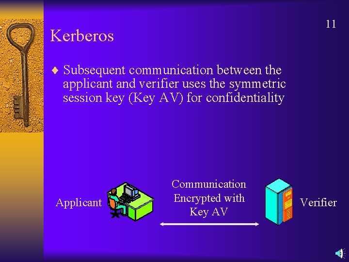 11 Kerberos ¨ Subsequent communication between the applicant and verifier uses the symmetric session