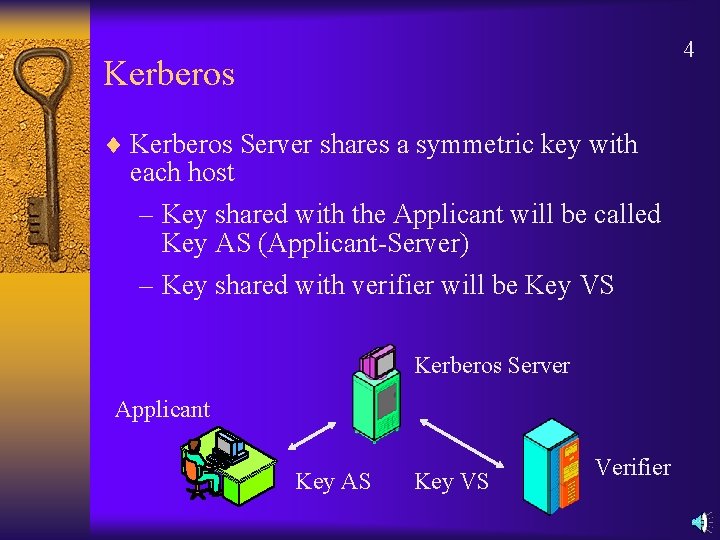 4 Kerberos ¨ Kerberos Server shares a symmetric key with each host – Key