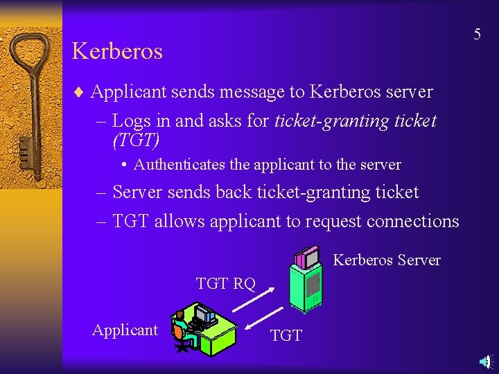 5 Kerberos ¨ Applicant sends message to Kerberos server – Logs in and asks