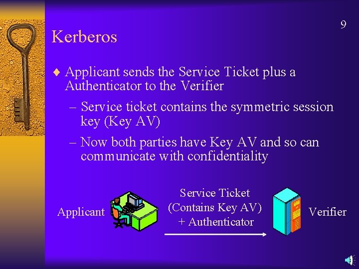 9 Kerberos ¨ Applicant sends the Service Ticket plus a Authenticator to the Verifier