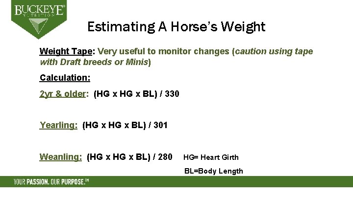 Estimating A Horse’s Weight Tape: Very useful to monitor changes (caution using tape with