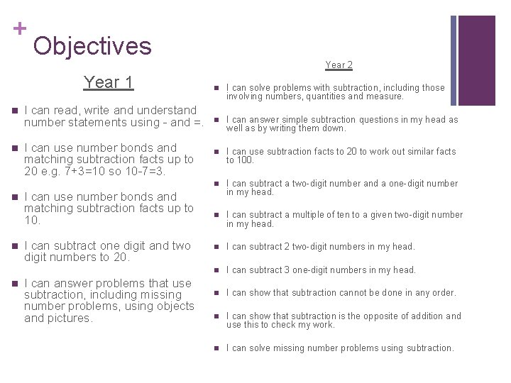 + Objectives Year 1 n I can read, write and understand number statements using