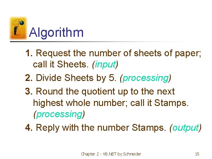 Algorithm 1. Request the number of sheets of paper; call it Sheets. (input) 2. Algorithm 1. Request the number of sheets of paper; call it Sheets. (input) 2.