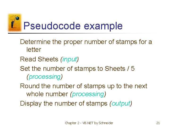Pseudocode example Determine the proper number of stamps for a letter Read Sheets (input) Pseudocode example Determine the proper number of stamps for a letter Read Sheets (input)