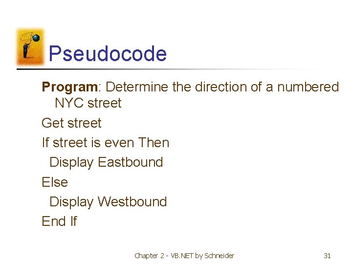 Pseudocode Program: Determine the direction of a numbered NYC street Get street If street Pseudocode Program: Determine the direction of a numbered NYC street Get street If street