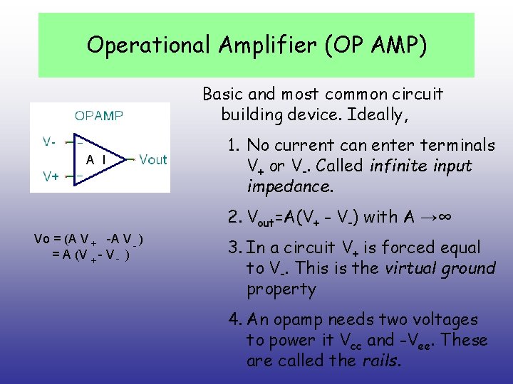 Operational Amplifier (OP AMP) Basic and most common circuit building device. Ideally, 1. No