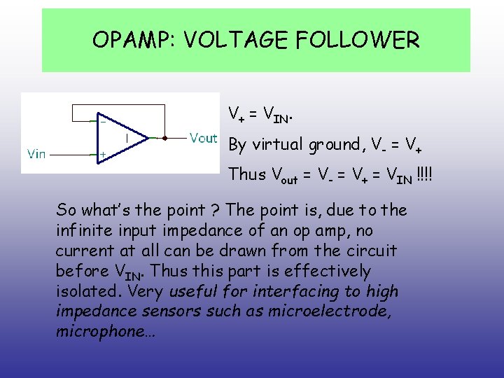 OPAMP: VOLTAGE FOLLOWER V+ = VIN. By virtual ground, V- = V+ Thus Vout