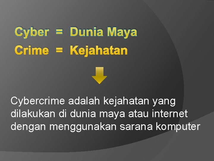 Cyber = Dunia Maya Crime = Kejahatan Cybercrime adalah kejahatan yang dilakukan di dunia