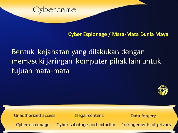 Cyber Espionage / Mata-Mata Dunia Maya Bentuk kejahatan yang dilakukan dengan memasuki jaringan komputer