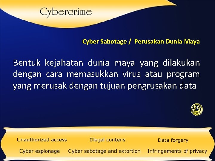 Cyber Sabotage / Perusakan Dunia Maya Bentuk kejahatan dunia maya yang dilakukan dengan cara