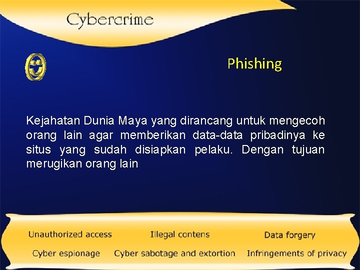 Phishing Kejahatan Dunia Maya yang dirancang untuk mengecoh orang lain agar memberikan data-data pribadinya