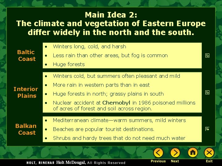 Main Idea 2: The climate and vegetation of Eastern Europe differ widely in the