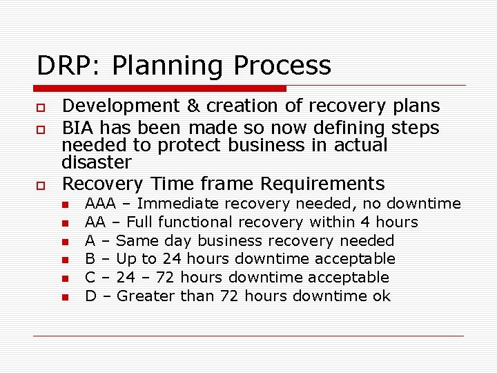 DRP: Planning Process Development & creation of recovery plans BIA has been made so