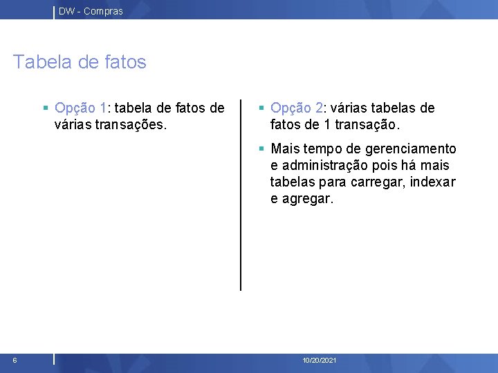 DW - Compras Tabela de fatos § Opção 1: tabela de fatos de várias