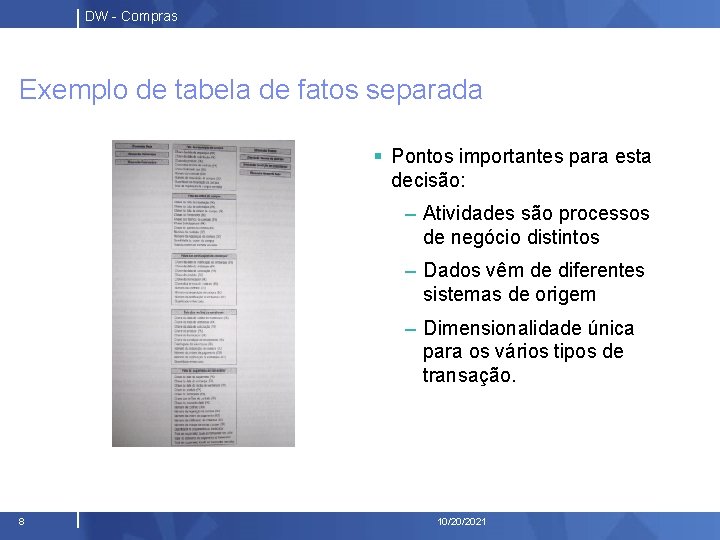 DW - Compras Exemplo de tabela de fatos separada § Pontos importantes para esta