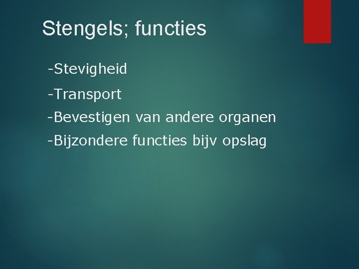 Stengels; functies -Stevigheid -Transport -Bevestigen van andere organen -Bijzondere functies bijv opslag 