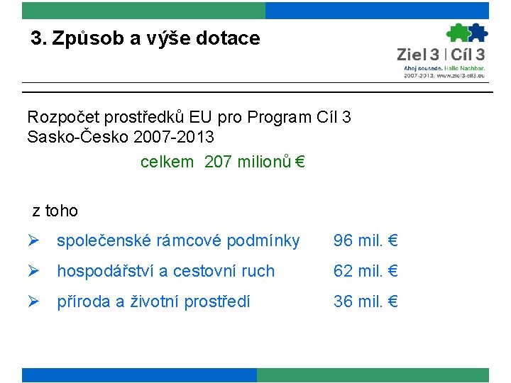 3. Způsob a výše dotace Rozpočet prostředků EU pro Program Cíl 3 Sasko-Česko 2007