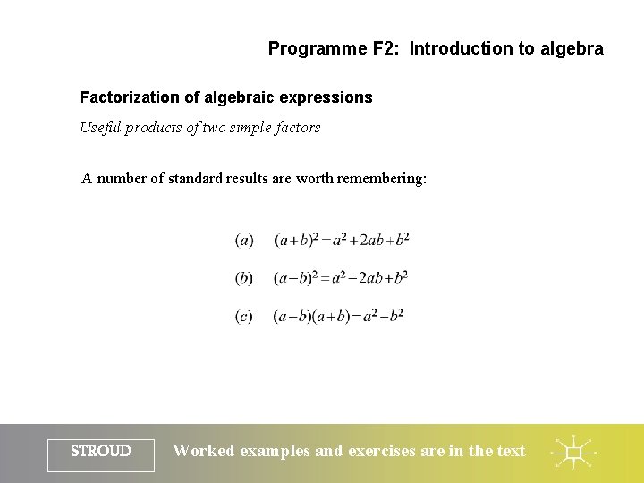 Programme F 2: Introduction to algebra Factorization of algebraic expressions Useful products of two