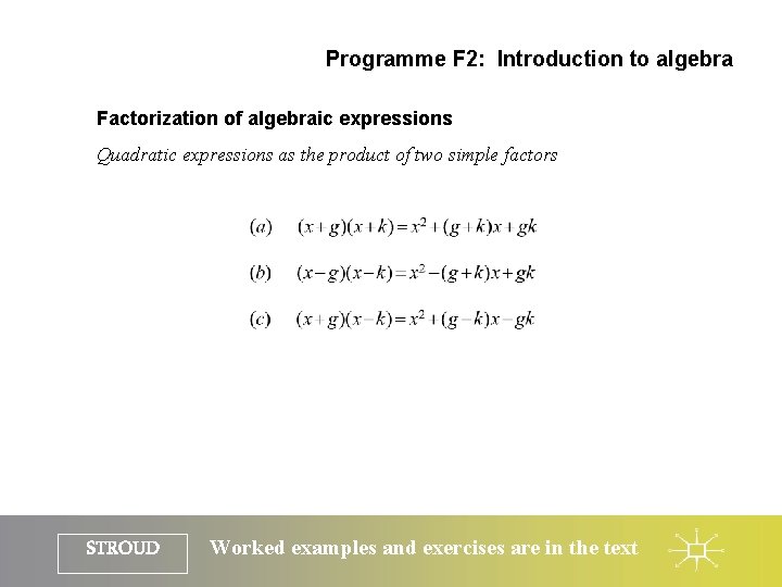 Programme F 2: Introduction to algebra Factorization of algebraic expressions Quadratic expressions as the