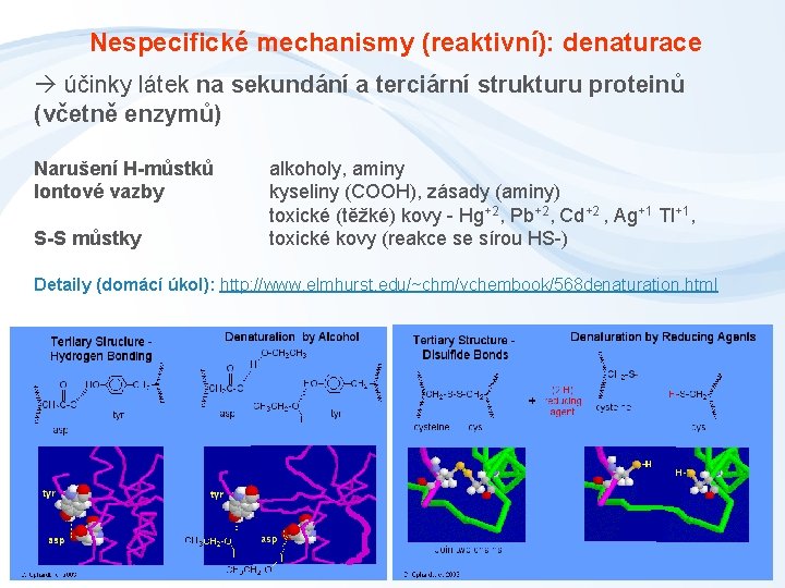 Nespecifické mechanismy (reaktivní): denaturace účinky látek na sekundání a terciární strukturu proteinů (včetně enzymů)