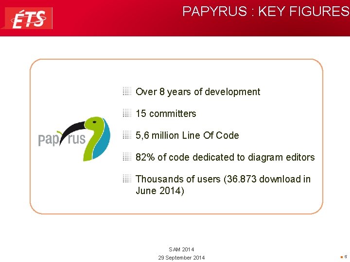 PAPYRUS : KEY FIGURES Over 8 years of development 15 committers 5, 6 million