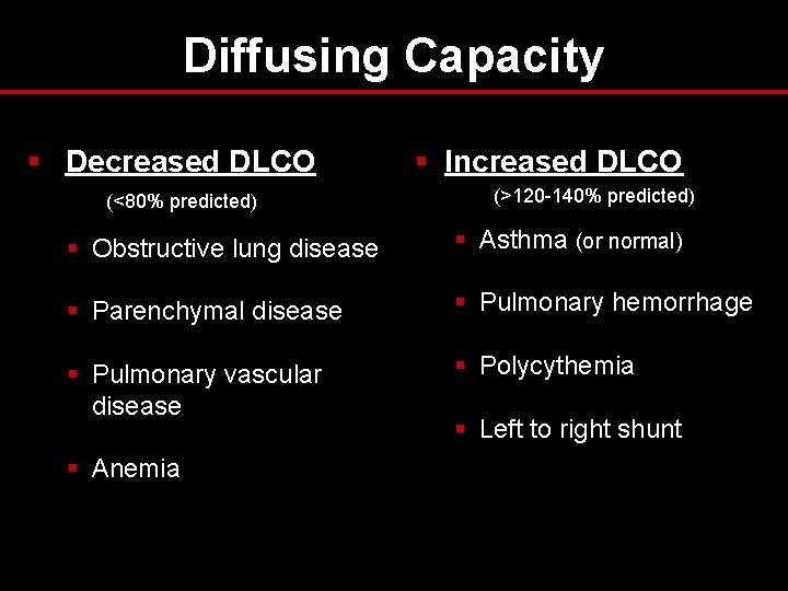Diffusing Capacity § Decreased DLCO (<80% predicted) § Increased DLCO (>120 -140% predicted) § Diffusing Capacity § Decreased DLCO (<80% predicted) § Increased DLCO (>120 -140% predicted) §