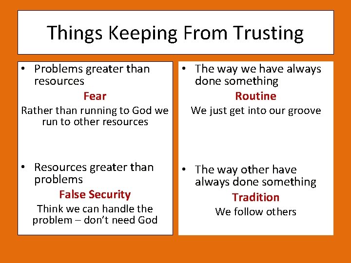 Things Keeping From Trusting • Problems greater than resources Fear • The way we