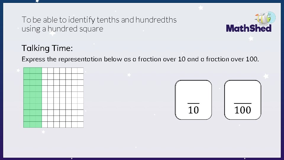 To be able to identify tenths and hundredths using a hundred square Talking Time: