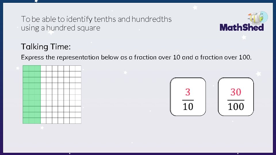 To be able to identify tenths and hundredths using a hundred square Talking Time: