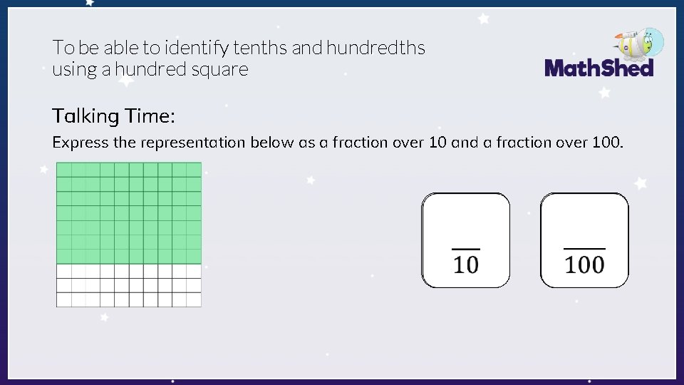 To be able to identify tenths and hundredths using a hundred square Talking Time: