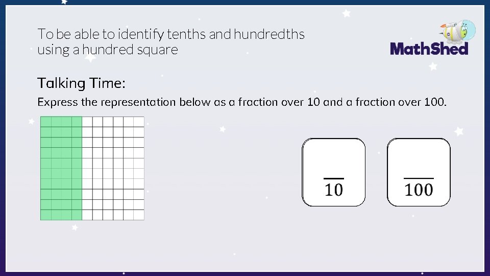 To be able to identify tenths and hundredths using a hundred square Talking Time: