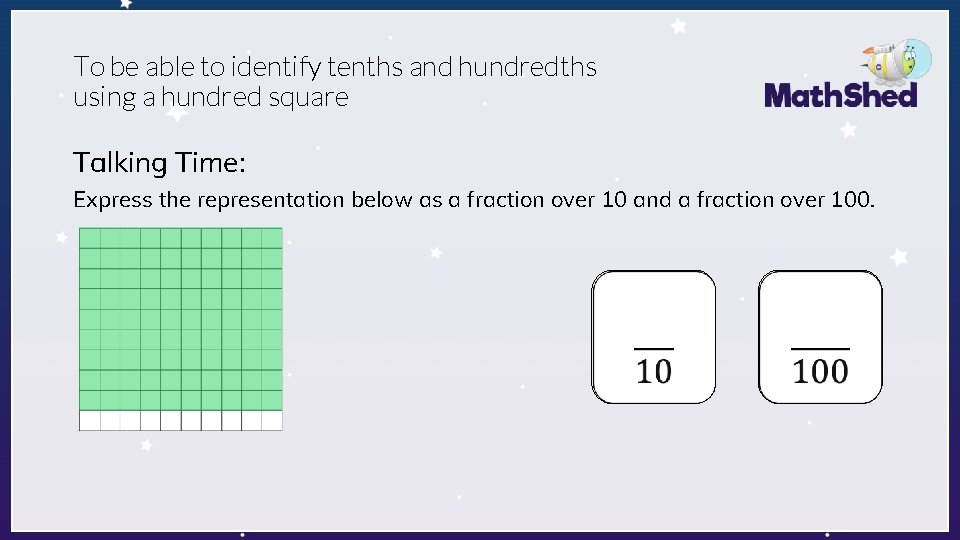 To be able to identify tenths and hundredths using a hundred square Talking Time: