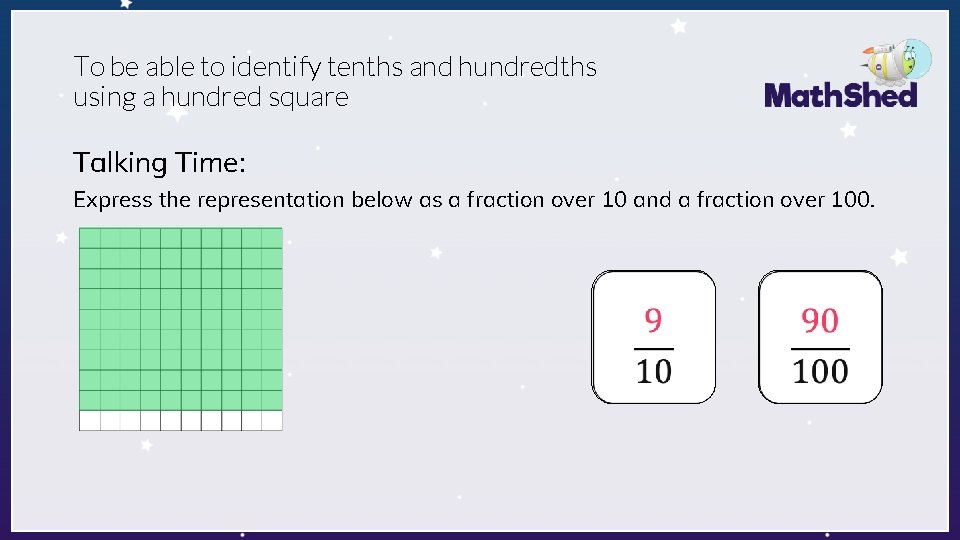 To be able to identify tenths and hundredths using a hundred square Talking Time:
