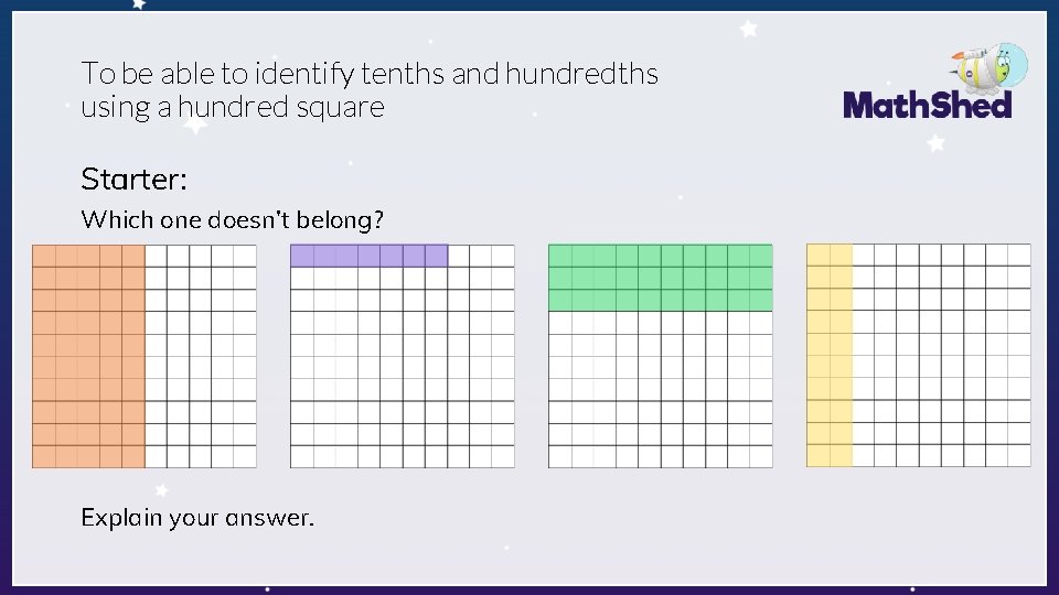 To be able to identify tenths and hundredths using a hundred square Starter: Which